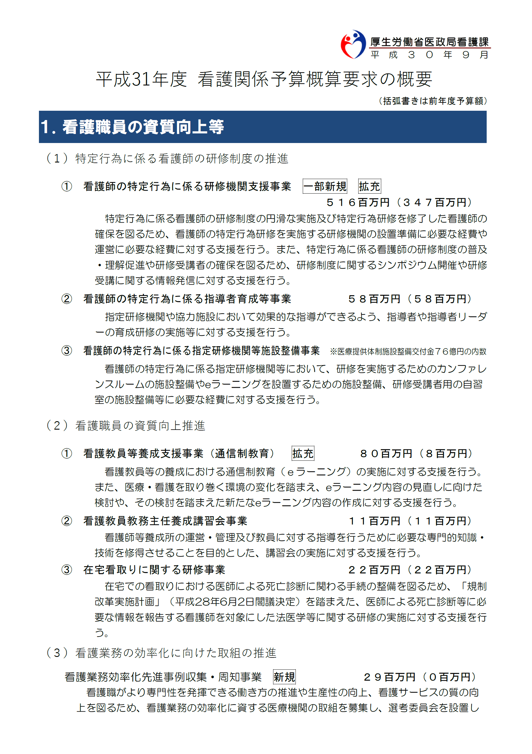 平成31年度看護関係予算の概算要求